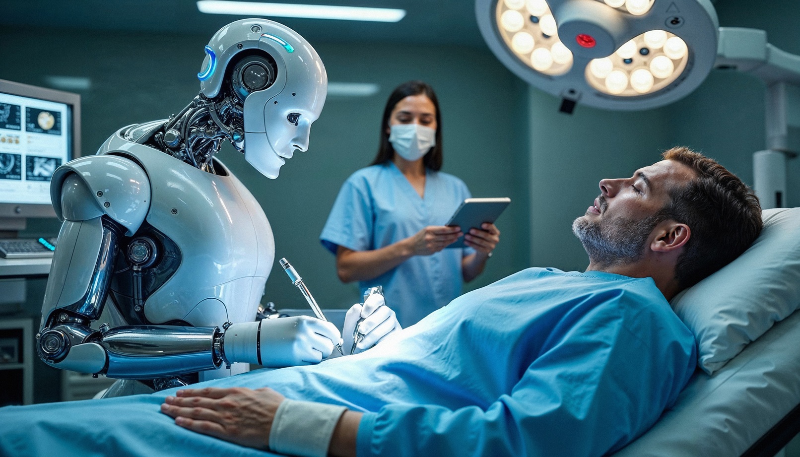 Illustration of robotic-assisted surgery in an operating room